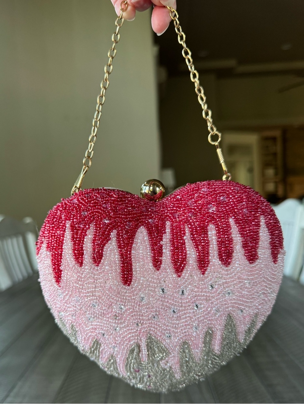 Lulu Pink & Red Beaded Heart Novelty Drip Handbag/Bag/Clutch